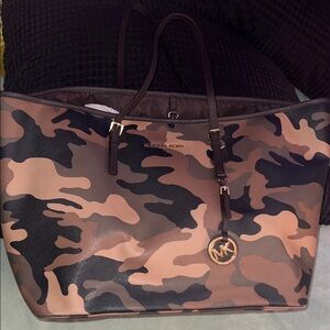 Michael Kors Camouflage Tote in Brown & Black with Gold Hardware